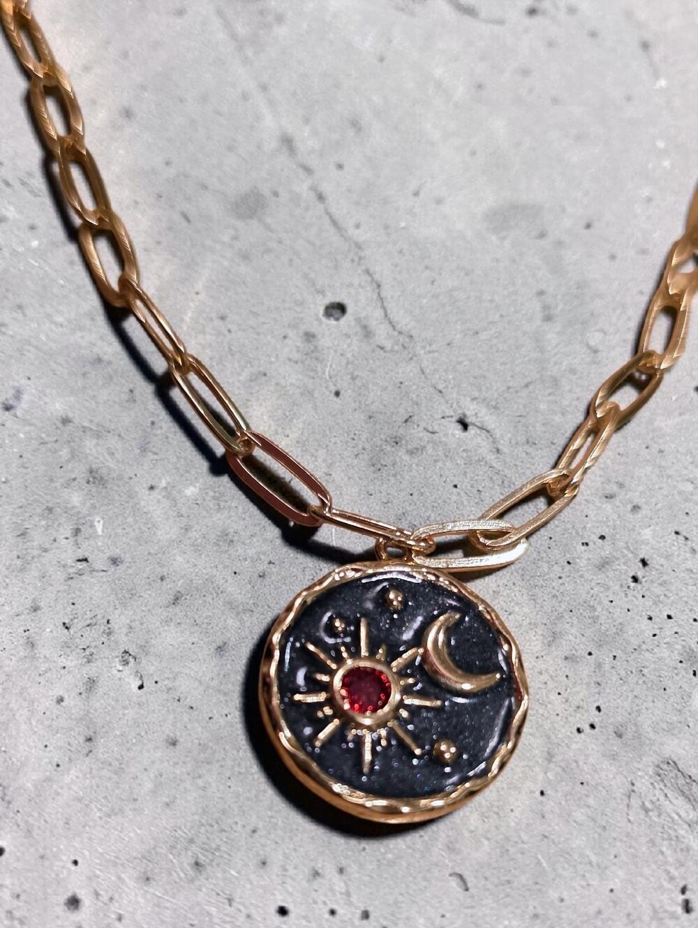 Sun Moon Celestial Coin Pendant Necklace Gold Paperclip Chain Boho Talisman NWOT